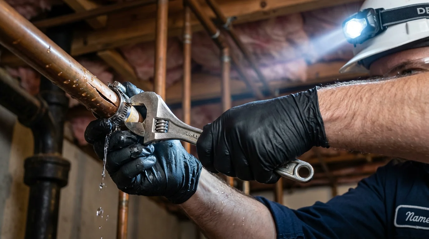 Emergency pipe clamp repair being performed by a Johns Plumbing LLC plumber in Manawa