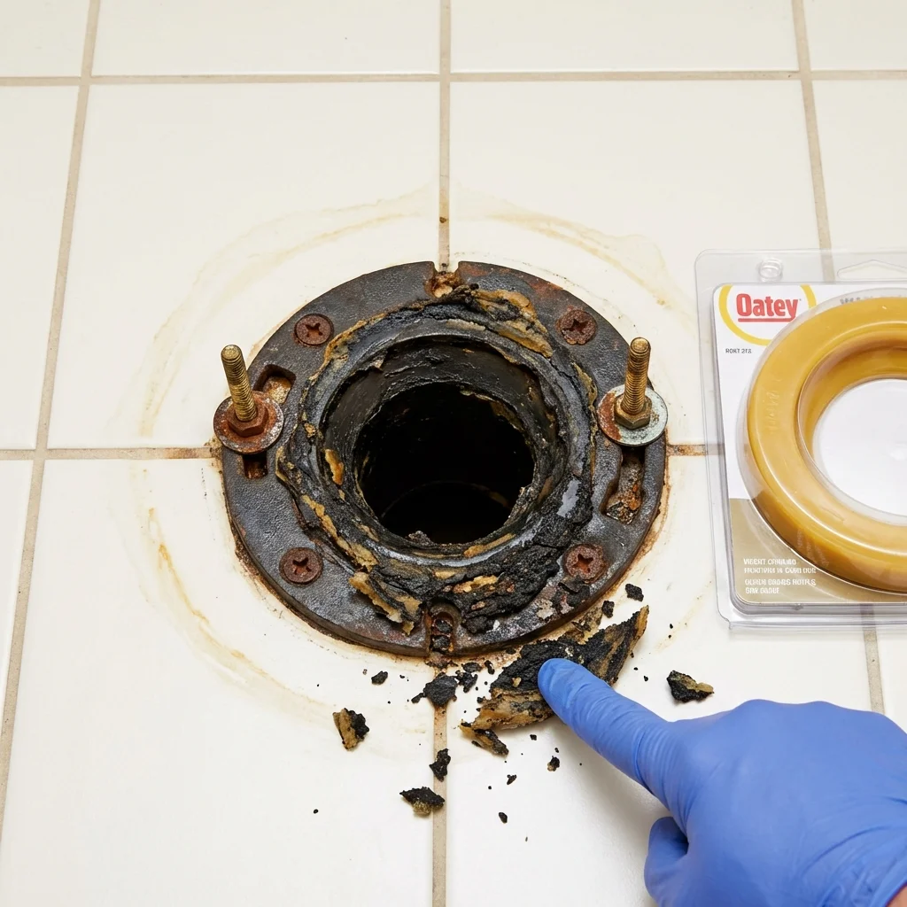 Failed wax ring showing water seepage at the base of a toilet in a Manawa, WI home