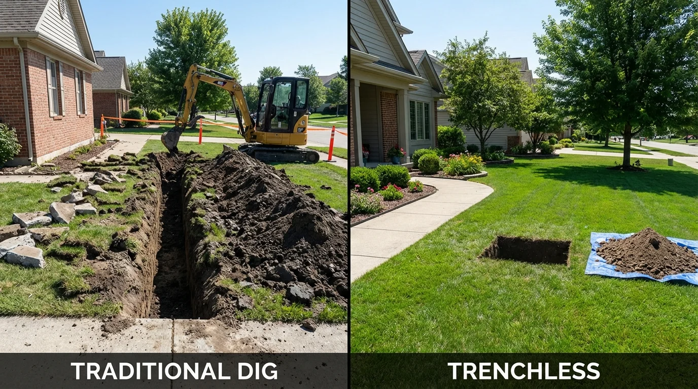 Trenchless sewer repair with minimal yard damage versus traditional excavation in Manawa, WI
