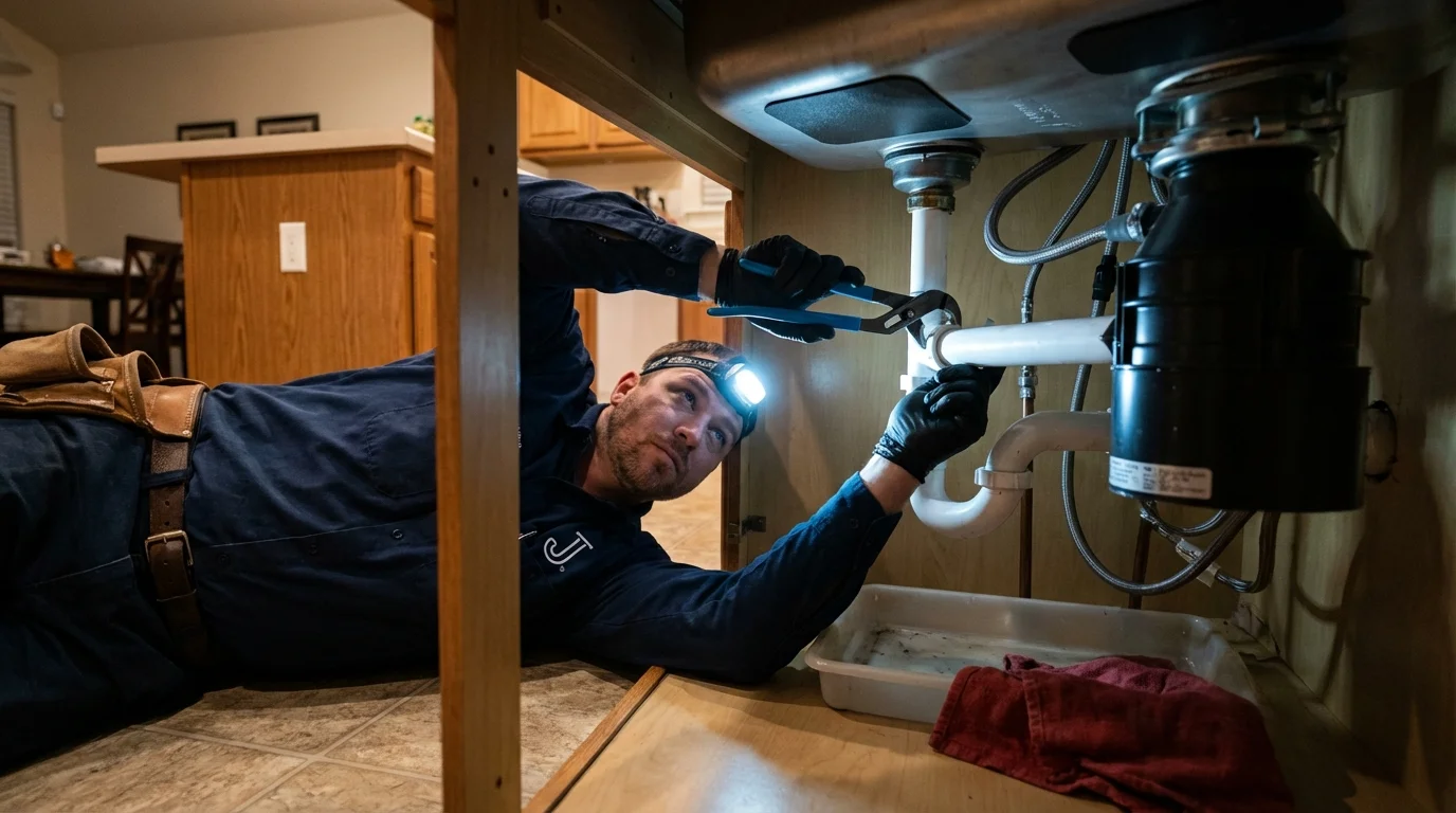 P-trap and supply line connections under a kitchen sink showing a common leak point in Manawa, WI